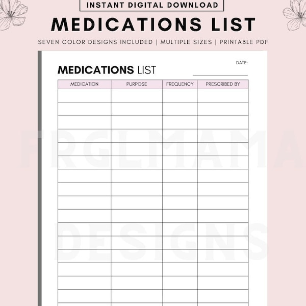 Printable Medication List Etsy