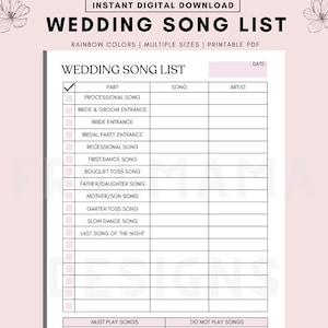 Printable Wedding Song List, Wedding Playlist, Wedding Music List, DJ Song List, Wedding DJ Questionnaire, Wedding Processional Songs, PDF