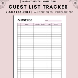Printable Guest List Planner, Guest List Tracker, RSVP tracker, Party Christmas contact, Printable Planner, Instant download, A4 A5 LETTER