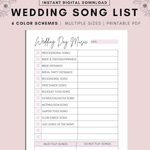 Printable Wedding Song List, Wedding Playlist, Wedding Music List, DJ Song List, Wedding DJ Questionnaire, Wedding Processional Songs, PDF