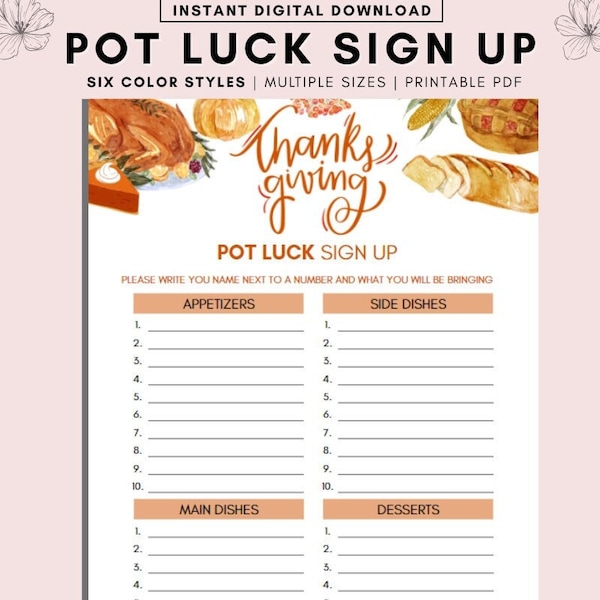 Thanksgiving Potluck Sign Up Sheet, PotLuck Sign Up Sheet, Event Sign Up, Potluck Template, Thanksgiving Potluck, Potluck Printable, PDF