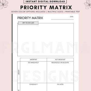 Priority Matrix Printable, Task Priority Matrix, Decision Matrix, Productivity Planner,  Eisenhower Matrix, Action Planner, Daily Planner