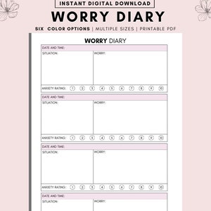Daily Worry Diary Printable, A4 A5 Printable Anxiety Journal, Anxiety Journal PDF Printable Digital, Worry Journal Prompts, Daily Self Check