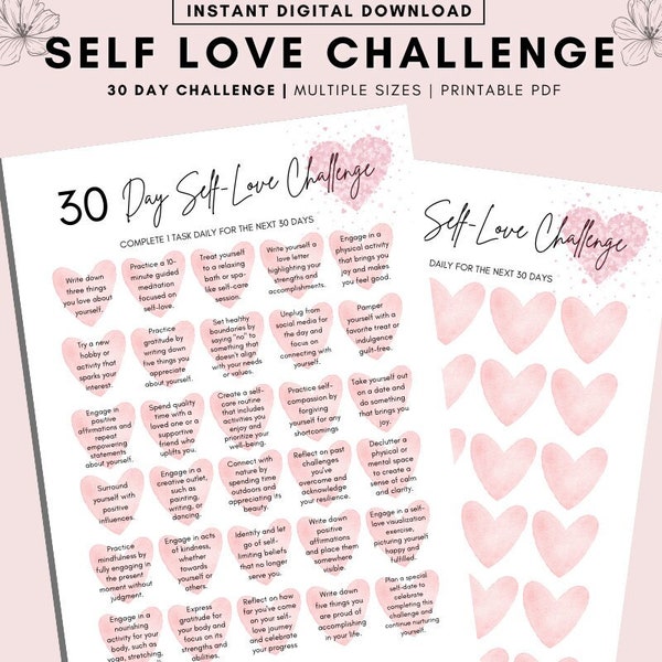 30 Day Self-Love Challenge Printable, 30 days of self love, self love activities, 30 day self esteem challenge, printable 30 day challenges