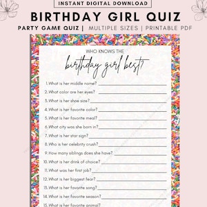 Wer kennt das Geburtstagskind am besten, Wie gut kennst du das Geburtstagskind, Geburtstagsspiele, Party Printable, Mädchengeburtstag,