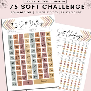 BOHO 75 Soft Challenge Tracker, 75 Soft Challenge, 75 Day Challenge Printable,  Fitness Journal, Self Improvement, Weight Loss Challenge PDF