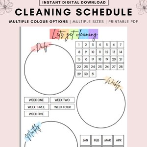 Pode incluir: Cronograma de limpeza imprimível com seções para tarefas diárias, semanais e mensais. O cronograma inclui um calendário com os números de 1 a 31, uma lista de semanas e um calendário com os meses do ano.