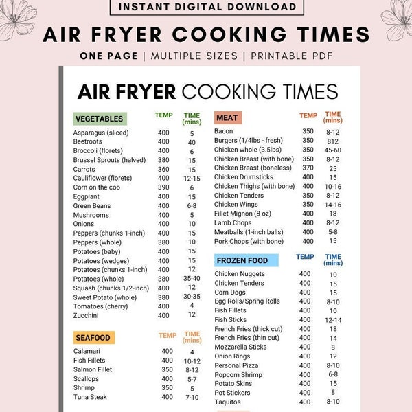 Air Fryer Cooking Times Etsy