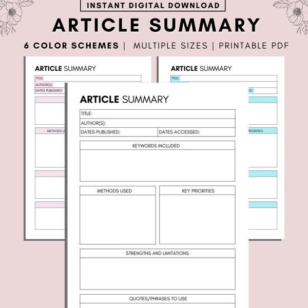 Article Summary Research Paper Journal A4 PDF Printable Instant Digital Download Science Literature Scientific Paper Analysis, Article Notes