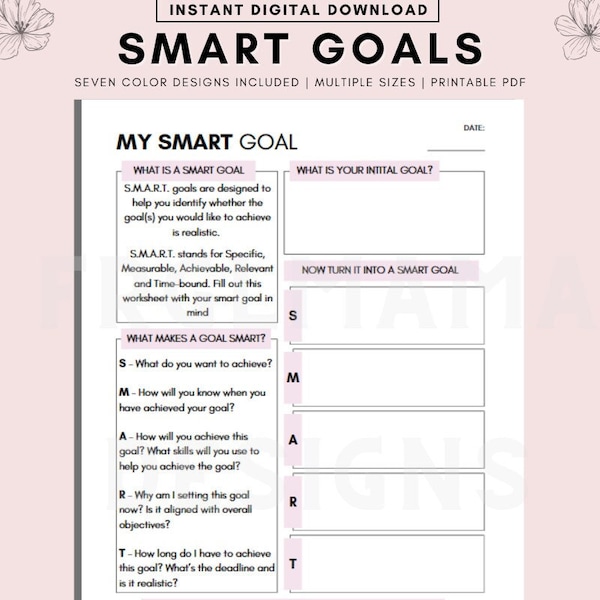 Smart Goals Worksheet, Growth Goals, Goal Setting Worksheet, Goal Planner, Goal Tracker, Goal Journal, Goal Printable, Therapy Worksheet