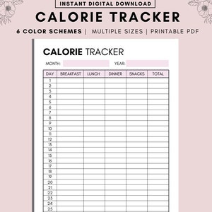 Könnte beinhalten: Ein druckbarer Kalorien-Tracker mit rosa Hintergrund. Der Tracker hat Spalten für den Tag des Monats, Frühstück, Mittagessen, Abendessen, Snacks und die Gesamtkalorien. Der Text "CALORIE TRACKER" befindet sich oben auf der Seite.