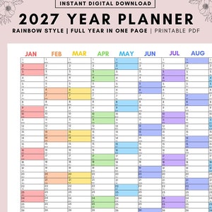Full Year Calendar 2027, 2027 Monthly Planner, 2027 Rainbow Yearly Calendar, Calendar Printable, 2027 Wall Planner, Wall Calendar 2027,