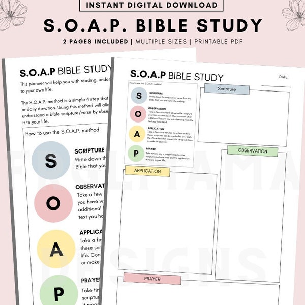 SOAP Bible Study Printable Template,  Scripture, Observation, Application, Prayer, Bible Study Printable, Bible Journaling, Bible Planner
