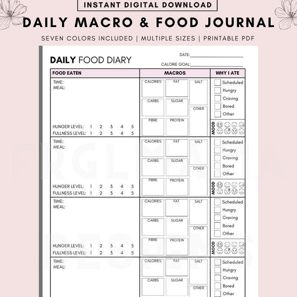 Macro Calorie Tracker, Planificateur alimentaire quotidien, Journal alimentaire quotidien imprimable, Suivi des calories quotidiennes minimaliste, Journal alimentaire quotidien imprimable, Journal