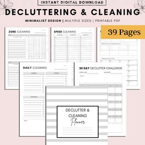 May include: A printable decluttering and cleaning planner with 39 pages. The planner includes sections for zone cleaning, speed cleaning, daily cleaning, and a 30-day declutter challenge.