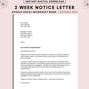 Carta de aviso de 2 semanas, Carta de aviso de dos semanas, Google Docs/Microsoft Word, Carta de aviso, Carta de renuncia, Carta de renuncia, Carta de aviso