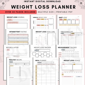 Gewichtsverlies Journal, Weightloss Tracker, Fitness Planner Afdrukbaar, Gewichtsverlies Grafiek, Verloren kilo's, Lichaamsafmetingen, Maaltijdplanner