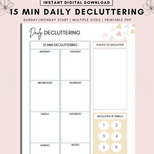 Könnte beinhalten: Ein druckbarer PDF-Entrümpelungsplaner mit hellrosa Hintergrund. Der Planer enthält Abschnitte für tägliche Aufgaben, eine Liste der zu entrümpelnden Orte und einen Abschnitt zum Entrümpeln von 10 Dingen. Der Text enthält "15 MIN DAILY DECLUTTERING".