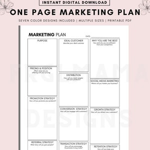 One Page Marketing Plan Template, Business Marketing Plan, One Page Business Plan, Marketing Plan, Lean business plan, 1 page marketing