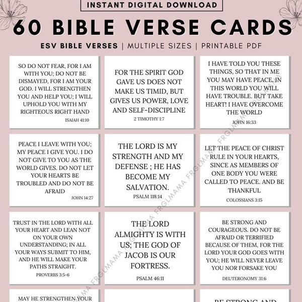 60 Bible Verse Cards, Printable, Bible Study Printable, Scripture Cards, Bible Memory Verse, Mini Scripture Cards, Self Care Printable
