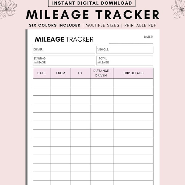 Kilométrage Tracker imprimable, journal de kilométrage imprimable, Work Trip Miles Tracker, journal de kilométrage d'affaires, formulaire de rapport de kilométrage mensuel, journal de kilométrage