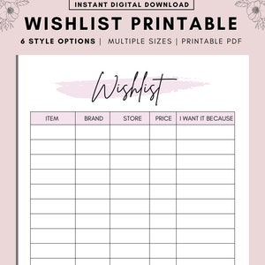Wishlist Printable, Wishlist Insert Printable Tracker Template, Christmas, birthday, holiday, shopping wish list, Gifts for me, Make a wish