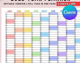 2025 Jahresplaner: Bearbeitbarer Kalender, druckbare PDF-Datei, Canva Link