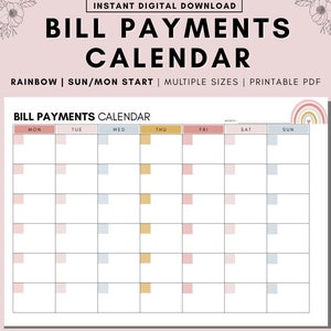 Bill Payments Calendar,  Personal Finance Organizing Printables, Financial Binder, Bill Tracker, Digital Planner, Fillable PDF, Expenses