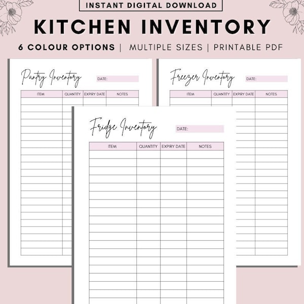 Kitchen Inventory Printable, Pantry, Fridge and Freezer Inventory trackers, Food Inventory Trackers, Home Inventory, A4 A5 Letter PDF