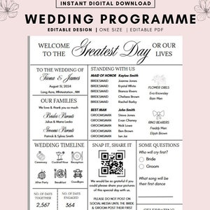 May include: A black and white wedding program with a pink background. The program includes the wedding date, the names of the bride and groom, the wedding party, and a timeline of the wedding day. The program also includes a QR code for guests to share photos from the wedding.