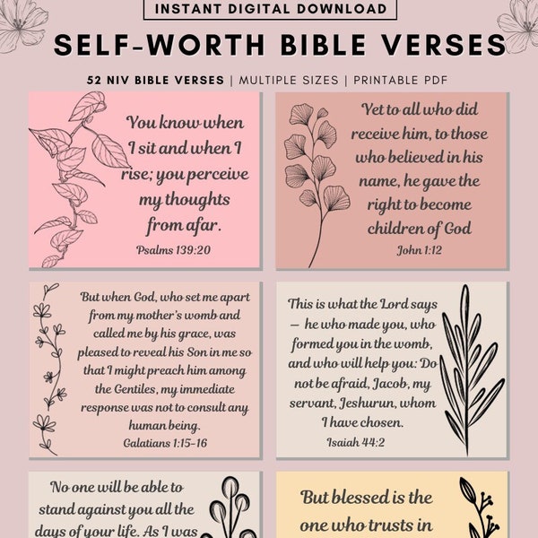 52 Encouraging Verse Cards, Bible Verses About Self-Worth and Self Confidence, Scripture Cards, Bible Memory Verse, Bible journaling, PDF