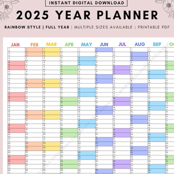 2025 Year Planner - Yearly Planner on 1 Page Landscape, Vertical Planner Calendar, Minimalistic Calendar Printable, Year Planner, A3,A4,A5