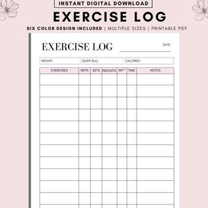 Exercise Log Printable, Gym Diary and Workout Log book, Fitness Tracker, Cardio, Weights, Work out Journal Diary, Weight Loss Challenge, PDF