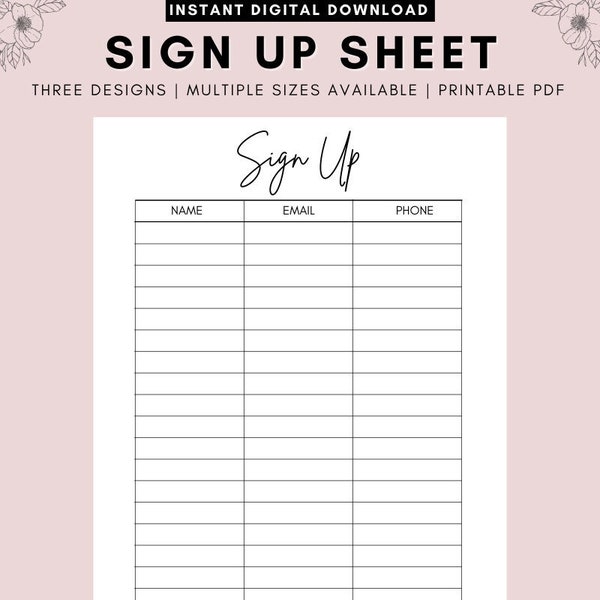 Minimalist Sign Up Sheet, 3 Email Sign Up Forms, PRINTABLE Sign Up, Event Sign Up, Sign In Sheet, A4 A5 Letter PDF, Instant Download
