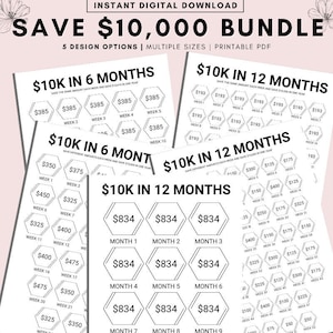May include: A printable PDF bundle of 5 different savings trackers to help you save £10,000 in 6 or 12 months. The trackers feature hexagonal shapes with different amounts to save each week or month.