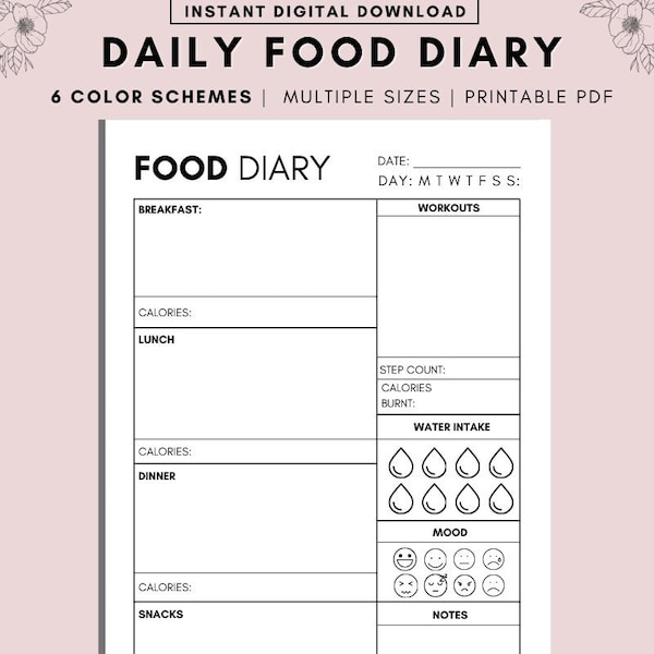 Diario de alimentos diario imprimible, A4 A5 Diario de alimentos imprimible diario, Rastreador diario de calorías minimalista, Conteo diario de calorías, Diario de alimentos, PDF