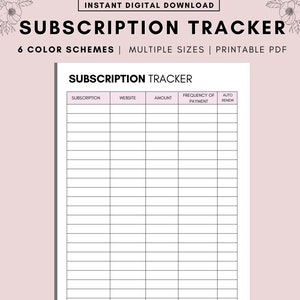 Op de afbeelding: Een printbare abonnementen tracker met kolommen voor de abonnementsnaam, de website, het bedrag, de frequentie van betaling en automatische verlenging. De tracker is ontworpen om u te helpen uw terugkerende abonnementen bij te houden.