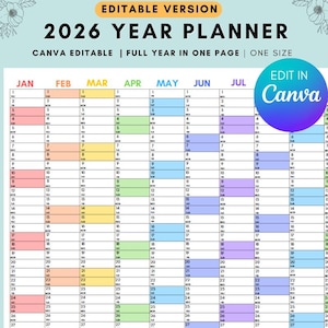 Editable 2026 Yearly Calendar Template – Minimalist Canva Year Planner, Printable Annual Calendar, - Yearly Planner on 1 Page Landscape 2025