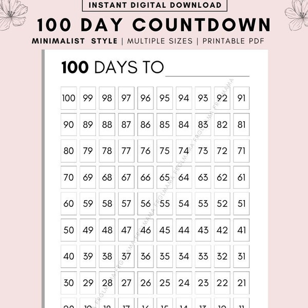 100 Day Countdown Printable Planner, Countdown Calendar, Fitness Journal, Self Improvement, Weight Loss Challenge, Wedding Countdown, PDF