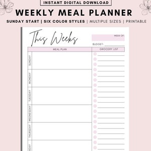 Weekly Meal Planner & Grocery List Printable PDF, Digital Download Meal Planner, Meal Prep, Printable Meal Planner, Weekly Menu Planner