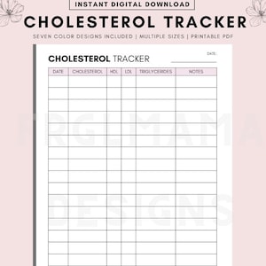 Cholesterol Tracker Printable, Cholesterol Log, Daily Cholesterol Printable, Cholesterol - HDL - LDL - Triglycerides - Notes