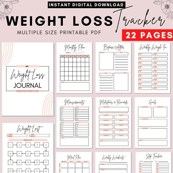 Printable Weight Loss Journal Planner, Digital Weight Loss Tracker, Weekly Weigh In, Measurement Tracker, Daily Exercise Chart, Food Log