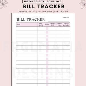 Monthly Bill Payment Tracker, Printable Bill Payment Checklist, Bill Planner, Monthly Bill Log, Pay Checklist Organizer, Budget Planner