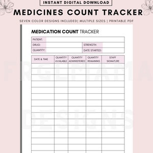 Medication Count Tracker, Printable Medication Tracker, Medication Log, Daily Medication Sheet, Medication List, Printable, Instant Download