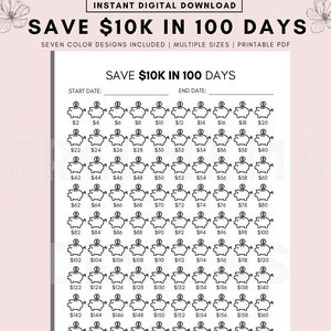 10K in 100 Day Challenge Tracker, 10K Savings Challenge Printable, Saving Tracker, Money Saving Challenge Worksheet, 100 Day Challenge