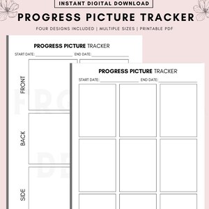Puede incluir: Seguimiento de imágenes de progreso imprimible con cuatro secciones etiquetadas "frontal", "posterior", "lateral" y "superior". El seguimiento tiene dos páginas, cada una con una sección para la fecha de inicio y la fecha de finalización.