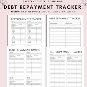 Könnte beinhalten: Druckbarer Schuldenrückzahlungs-Tracker mit vier verschiedenen Vorlagen. Jede Vorlage enthält Abschnitte für Gläubiger, Kontonummer, Anfangsguthaben, Zinssatz, Fälligkeitstermin, Mindestzahlung, Datum, gezahlter Betrag und Saldo.