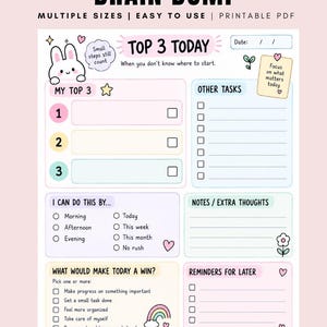May include: A printable Brain Dump planner page featuring pastel colors, a white bunny illustration, and sections titled Top 3 Today, My Top 3, Other Tasks, I Can Do This By, Notes, Extra Thoughts, What Would Make Today A Win, and Reminders For Later.