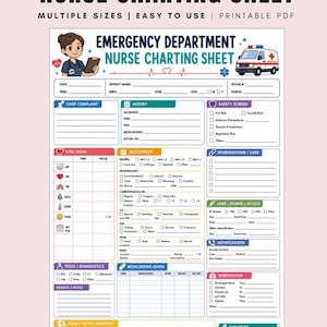 May include: An emergency department nurse charting sheet printable PDF featuring sections for patient history, vital signs, assessment, interventions, and disposition. The document includes a cartoon nurse, an ambulance, and text headers.