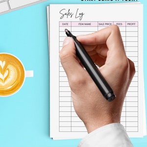 May include: A sales log with the title "Sales Log" is being filled out with a black marker. The log includes columns for date, item name, sale price, fees, and profit. The text "PRINT AT HOME AND START USING IT TODAY" is at the top.